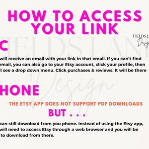 Puede incluir: Una gu&iacute;a digital con instrucciones sobre c&oacute;mo acceder a un enlace. El texto est&aacute; en rosa y negro sobre un fondo blanco. Se proporcionan instrucciones para usuarios de PC y tel&eacute;fono, incluida una nota sobre las limitaciones de la aplicaci&oacute;n Etsy.
