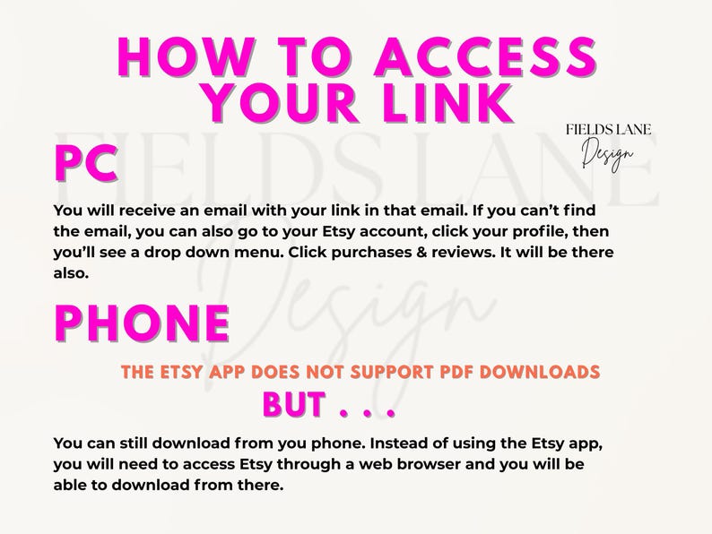 Puede incluir: Una gu&iacute;a digital con instrucciones sobre c&oacute;mo acceder a un enlace. El texto est&aacute; en rosa y negro sobre un fondo blanco. Se proporcionan instrucciones para usuarios de PC y tel&eacute;fono, incluida una nota sobre las limitaciones de la aplicaci&oacute;n Etsy.