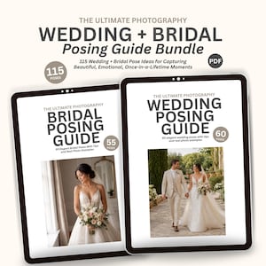 Puede incluir: Un paquete digital de dos guías de fotografía titulado The Ultimate Photography Wedding + Bridal Posing Guide Bundle. Las guías se muestran en pantallas de tabletas, con texto, iconos PDF y fotografías de una pareja en traje de boda.