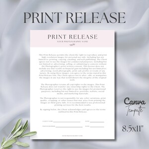 Print Release, Photo Release Form, Copyright Agreement, Client Forms Canva Template, wed1
