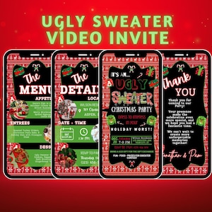 Könnte beinhalten: Eine digitale Einladung für eine "Ugly Sweater" Weihnachtsfeier. Die Einladung wird auf vier Smartphones angezeigt, jedes mit einem anderen Bildschirm. Die Bildschirme zeigen das Menü, Details, Partyinformationen und eine Dankesnachricht.
