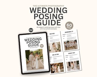 Puede incluir: Una guía digital de poses de boda en una tableta, con el título "Wedding Posing Guide" y el texto "60 poses de boda elegantes con consejos y ejemplos de fotos reales." Páginas adicionales muestran ejemplos de poses.