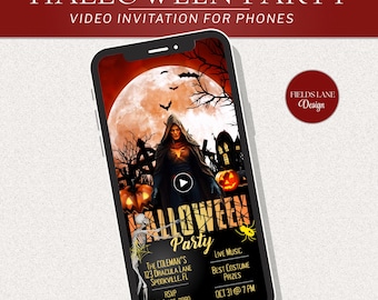 May include: A smartphone displays a Halloween party video invitation. The design features a hooded figure, pumpkins, bats, and a full moon. Text includes "Halloween Party" and event details.