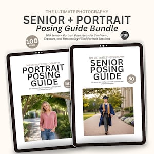 May include: A digital bundle titled THE ULTIMATE PHOTOGRAPHY SENIOR + PORTRAIT Posing Guide Bundle, featuring two tablet screens displaying PDF guides. One screen shows a PORTRAIT POSING GUIDE with a person in a pink shirt, and the other shows a SENIOR POSING GUIDE with a person in a graduation gown.