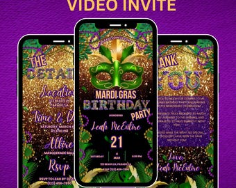 Mardi Gras Party Invitation,  Editable Birthday Masquerade Party Invite, Animated Digital, Fat Tuesday Celebration, Celebrate Video 1-2