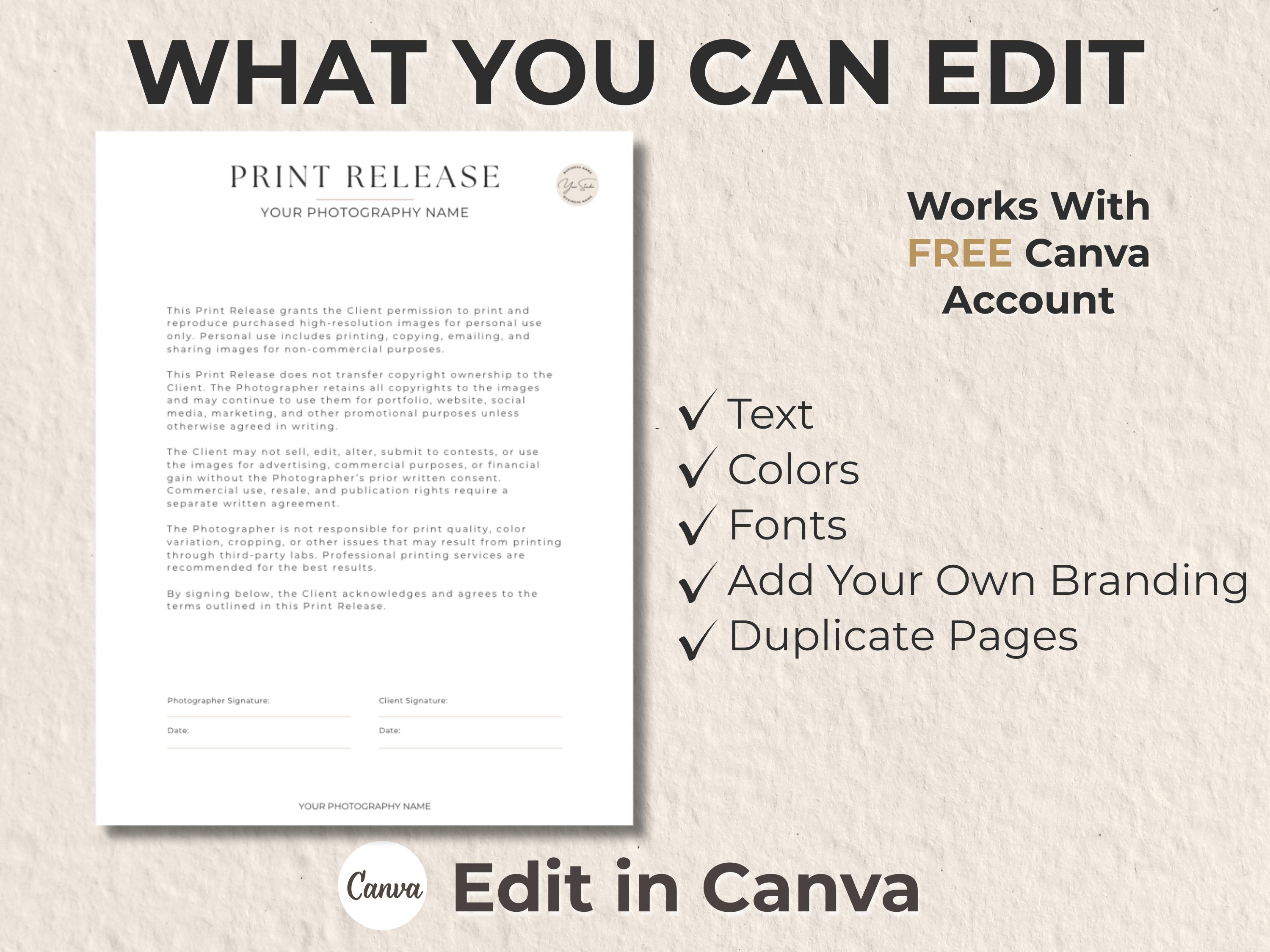 Print Release Form Template, Photo Release Form, Editable Canva Print ...