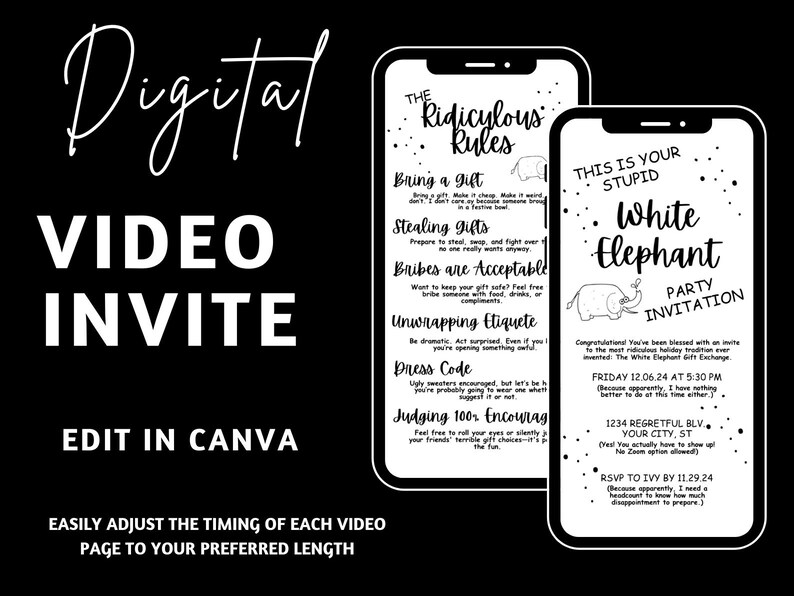 Invitación a fiesta de elefante blanco sarcástico, evento de intercambio de regalos de Navidad, invitación divertida para las vacaciones de la oficina, plantilla electrónica de Navidad, Canva 4-2 imagen 2