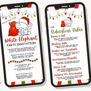 Puede incluir: Dos smartphones que muestran una invitaci&oacute;n y reglas para una fiesta de White Elephant. La invitaci&oacute;n presenta un elefante de dibujos animados con un gorro de Pap&aacute; Noel y una bolsa de regalo roja. Las reglas incluyen regalos, robo, sobornos y c&oacute;digo de vestimenta.