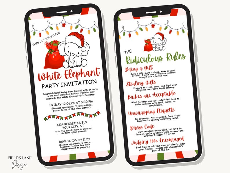 Puede incluir: Dos smartphones que muestran una invitaci&oacute;n y reglas para una fiesta de White Elephant. La invitaci&oacute;n presenta un elefante de dibujos animados con un gorro de Pap&aacute; Noel y una bolsa de regalo roja. Las reglas incluyen regalos, robo, sobornos y c&oacute;digo de vestimenta.