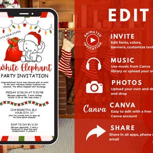 Puede incluir: Una pantalla de tel&eacute;fono inteligente muestra una "Invitaci&oacute;n a la fiesta del elefante blanco" con un elefante de dibujos animados con un gorro de Pap&aacute; Noel. La invitaci&oacute;n incluye detalles del evento e instrucciones. Texto adicional describe opciones de edici&oacute;n.