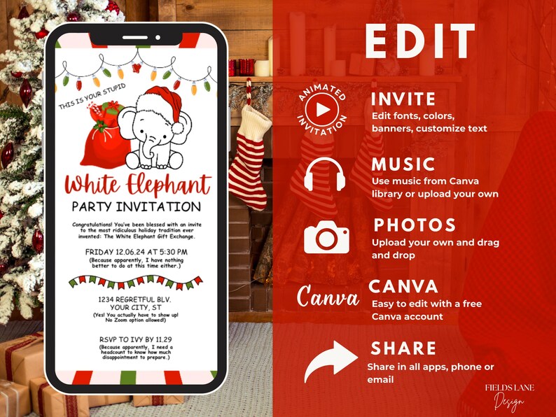 Puede incluir: Una pantalla de tel&eacute;fono inteligente muestra una "Invitaci&oacute;n a la fiesta del elefante blanco" con un elefante de dibujos animados con un gorro de Pap&aacute; Noel. La invitaci&oacute;n incluye detalles del evento e instrucciones. Texto adicional describe opciones de edici&oacute;n.