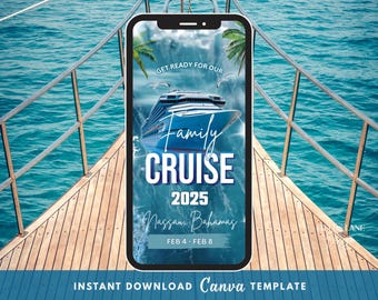 Invitación animada en video con itinerario de crucero familiar, vacaciones familiares en crucero, planificador de viajes familiares, plantilla editable de Canva 1-1