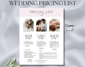 Puede incluir: Lista de precios de fotografía de boda con tres paquetes: Plata, Oro y Deluxe. Cada paquete incluye un número diferente de horas de cobertura, fotógrafos profesionales e imágenes. La lista también incluye opciones a la carta y términos y condiciones.