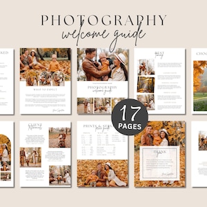 Puede incluir: Una guía de bienvenida de fotografía con 17 páginas. La guía presenta fotos familiares en entornos otoñales, con texto como "Photography Welcome Guide", "What to Expect" y "Prints & Services". El diseño general es limpio y profesional.
