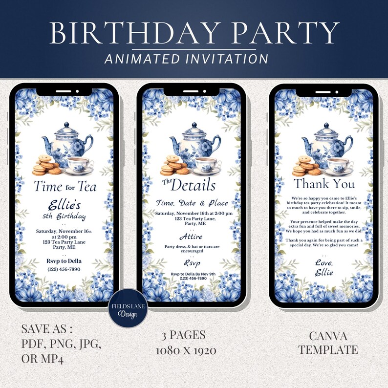 Editable Tea Time Birthday Invite, Mobile Digital Party Template, Girls ...