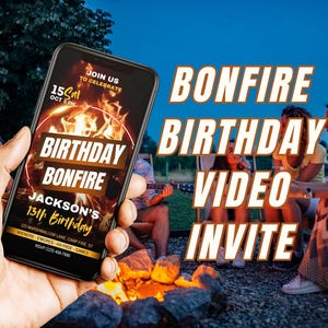 Lagerfeuer-Geburtstags-Einladung, Outdoor-Geburtstags-Camping-Party, Hinterhof-Party einladen, S&#39;mores Evite, Canva-Vorlage 1-1