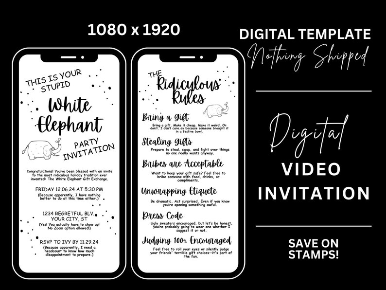 Invitación a fiesta de elefante blanco sarcástico, evento de intercambio de regalos de Navidad, invitación divertida para las vacaciones de la oficina, plantilla electrónica de Navidad, Canva 4-2 imagen 5