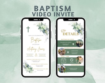 Baptism Invitation Template, Digital Baby Christening Invites, Baptism Template, Video Mobile Phone Invitation, Editable Invite, Canva 7-2