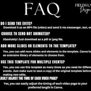 Puede incluir: Texto en blanco y negro sobre fondo negro con la palabra "FAQ" en letras blancas grandes en la parte superior. El texto responde a preguntas frecuentes sobre una plantilla de video, como c&oacute;mo enviar la invitaci&oacute;n, si se puede enviar sin animaci&oacute;n, si se pueden agregar m&aacute;s diapositivas o elementos, si se puede usar para m&uacute;ltiples eventos y si se puede ajustar la duraci&oacute;n de cada p&aacute;gina de video.