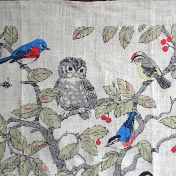 Vintage Linen Tea Towel with Birds and Butterflies