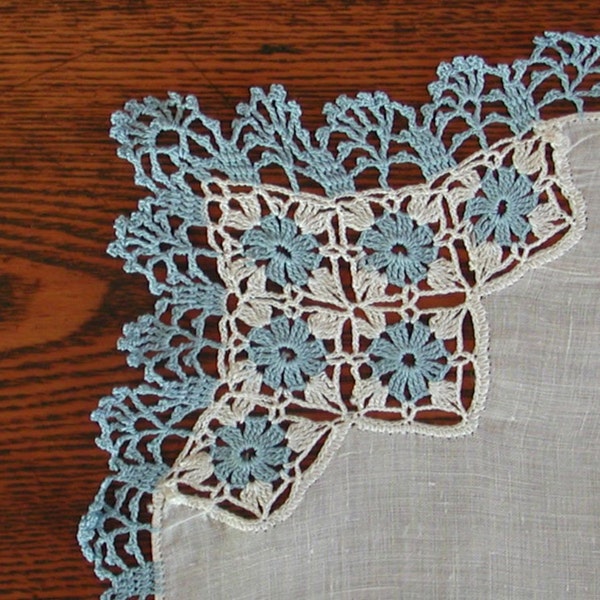 Vintage Crochet Ladies Handkerchief -- Blue and White