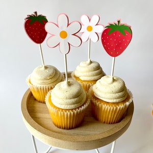 12 Strawberries and Flowers Cupcake Toppers  l Strawberry Birthday Decor l Strawberry Cupcake Topper l Party Favors