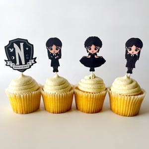Wednesday Cupcake Toppers Set of 12 l Spooky Birthday Party Decorations l Addams Family Theme Party Supplies l Wednesday Gothic Party Decor