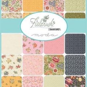 May include: A collection of fabric swatches with floral and geometric designs in shades of pink, yellow, and blue. The swatches are arranged in a grid, with the text "Fieldrush" and "Moda" visible. The fabric is likely cotton.
