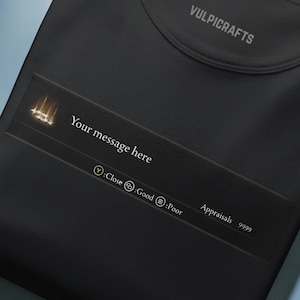 May include: Black t-shirt featuring a video game-style graphic with the text "Your message here". The design includes "Close, Good, Poor, Appraisals 9999". The brand name "VULPICRAFTS" is printed on the top of the shirt.