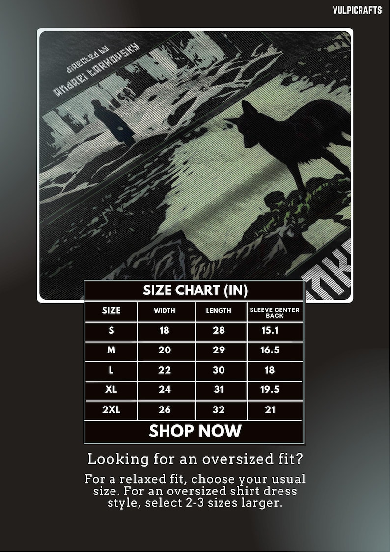 May include: Black graphic t-shirt with a wolf silhouette and text. The shirt includes a size chart with measurements in inches. The text "directed by Andrei Tarkovsky" is also visible. The brand name "VULPICRAFTS" is in the top right corner.