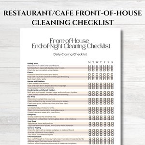 Könnte beinhalten: Eine schwarz-weiße Checkliste für Reinigungsaufgaben im Restaurant- oder Café-Frontbereich. Die Checkliste umfasst tägliche Schließaufgaben wie das Abwischen von Tischen, das Reinigen von Böden, die Desinfektion von Toiletten und das Aufräumen des Empfangsbereichs. Die Checkliste ist nach Bereichen geordnet und enthält eine Spalte für jeden Tag der Woche.