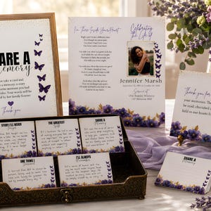 May include: A memorial stationery set featuring purple flowers and butterfly accents. Includes a Share a Memory sign, a funeral program for Jennifer Marsh, a thank you card, and a gold-toned metal box containing handwritten memory cards.