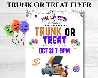 Dépliant pour malle ou friandise, modèle modifiable pour Halloween à l'école ou à l'église, invitation amusante à la communauté
