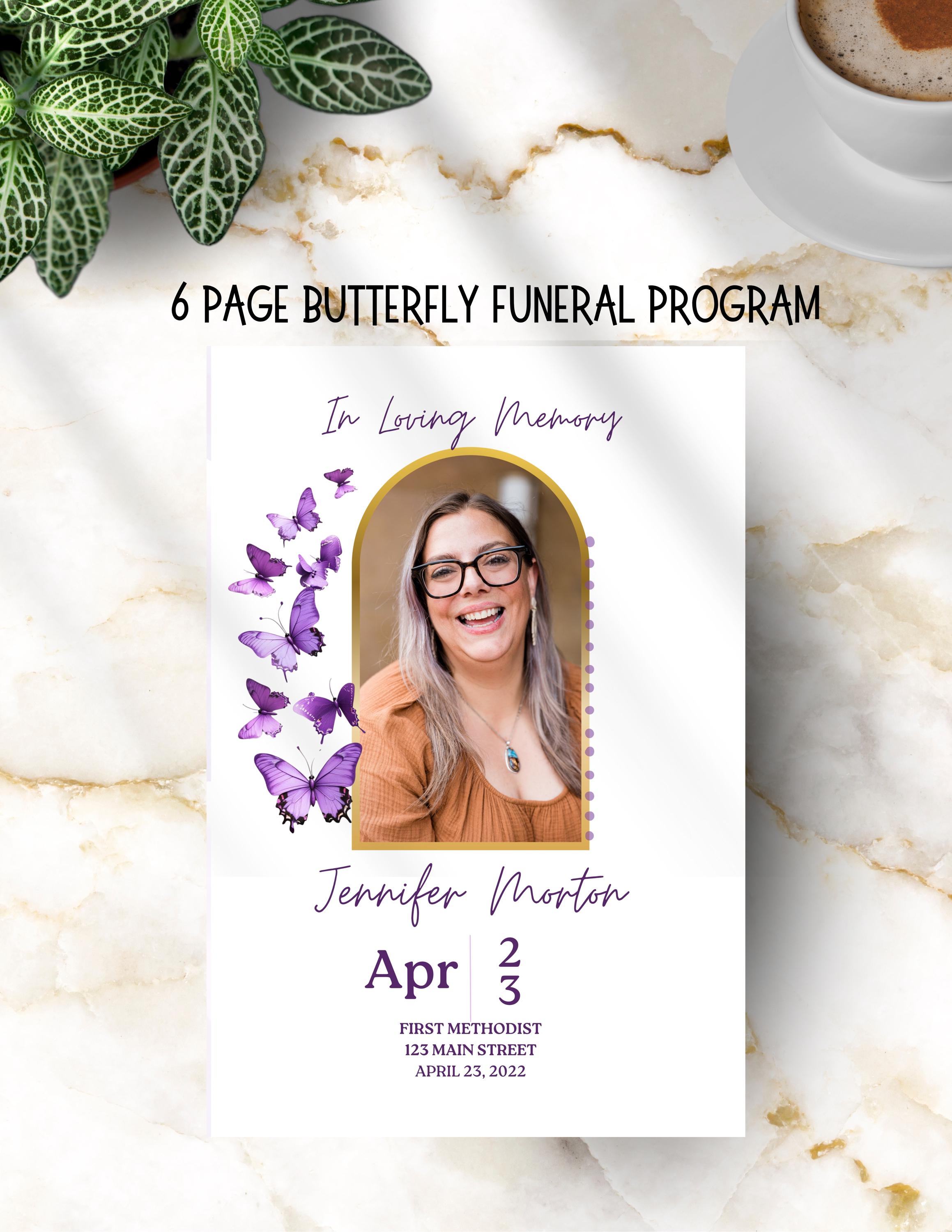 Purple Butterfly Funeral Program, Funeral Program Butterflies, Funeral Program Templates, EDITABLE Funeral Service, In Loving Memory