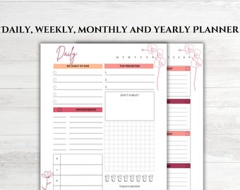 Printable Planner Bundle: Daily, Weekly, Monthly, Yearly (PDF)