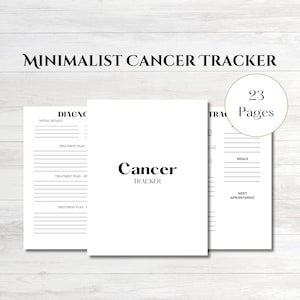 Könnte beinhalten: Ein schwarz-weißer druckbarer Krebs-Tracker mit 23 Seiten. Die Titelseite trägt den Titel "Cancer Tracker" und die Worte "Minimalist Cancer Tracker" stehen oben auf der Seite. Der Tracker enthält Abschnitte für Diagnose, Behandlungspläne, Mahlzeiten und Termine.
