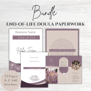 May include: A bundle of printable end-of-life doula paperwork in a purple and beige color scheme. The paperwork includes an intake form, welcome packet, and a tri-fold brochure. The brochure features a mandala design and text that reads "True Letter End-of-Life Doula Services". The bundle includes 33 pages and a Z-fold brochure.