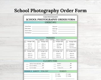 May include: A teal and green school photography order form with sections for contact information, packages, a la carte items, payments, and a grand total. The form includes a variety of package options for school photos, including headshots, full body, and classroom photos. The form also includes options for digital files, prints, and wallets.