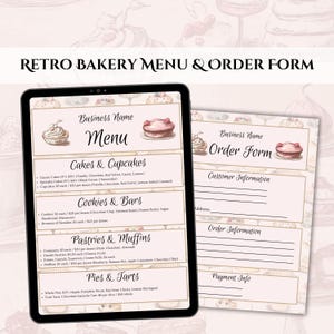 Menu e formulário de pedido de padaria vintage, lista de preços de padaria editável, folha de pedido para impressão, modelo de menu para pequenas empresas, download digital
