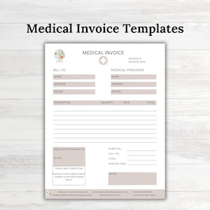May include: A printable medical invoice template with a light brown background. The template includes fields for the patient's name, address, and phone number, as well as the medical provider's name, address, and phone number. There is also a section for the description of services, quantity, rate, and total. The template includes a section for payment information, including the amount paid, notes, and terms and conditions.