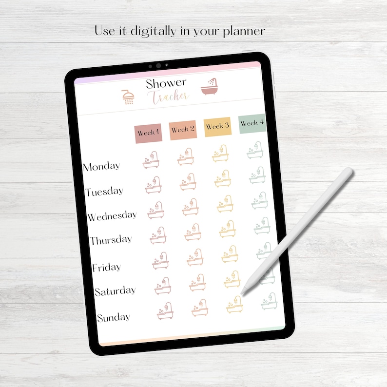 May include: A digital shower tracker with a pink, orange, yellow, and green color scheme. The tracker is divided into four weeks, with each week having seven days. Each day has a small icon of a bathtub with a shower head.