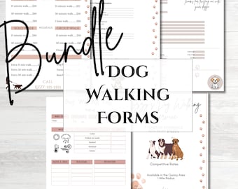 May include: A set of printable dog walking forms with a pink and white color scheme. The forms include a price list, client intake form, and a walk log. The forms are designed to help dog walkers keep track of their clients and their walks.
