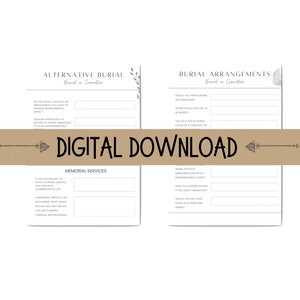 May include: Printable digital download of a checklist for planning a funeral or memorial service. The checklist includes sections for burial arrangements, alternative burial, and memorial services. The checklist is designed with a minimalist aesthetic and features a brown arrow graphic.