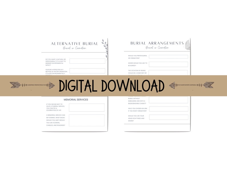 May include: Printable digital download of a checklist for planning a funeral or memorial service. The checklist includes sections for burial arrangements, alternative burial, and memorial services. The checklist is designed with a minimalist aesthetic and features a brown arrow graphic.