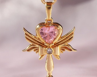 Crystal Wing Heart Necklace, Fairytale Princess Necklace, Magic Moon Wand Necklace