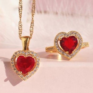 Red Heart Necklace, Red Heart Ring, Love Jewelry, Gift for her