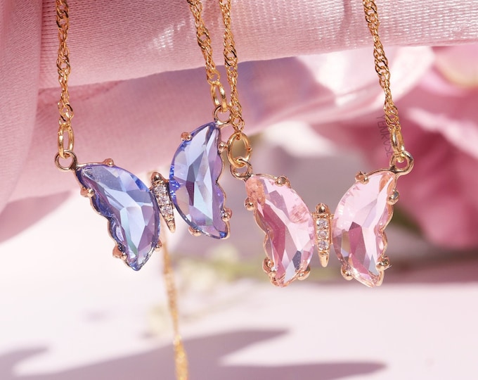 Princess and Pauper Necklaces, Crystal Butterfly Necklace, BFF Necklaces