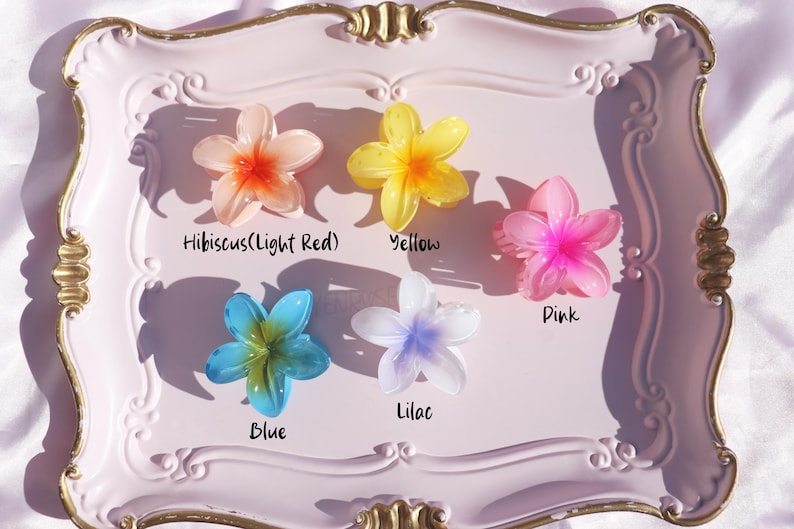 May include: Five plastic flower hair clips in a variety of colors, including light red, yellow, pink, blue, and lilac. The clips are arranged on a pink and gold tray.