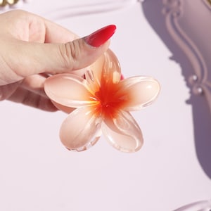 May include: A pink and orange plastic flower hair clip. The flower has five petals and a center with a red and orange gradient.