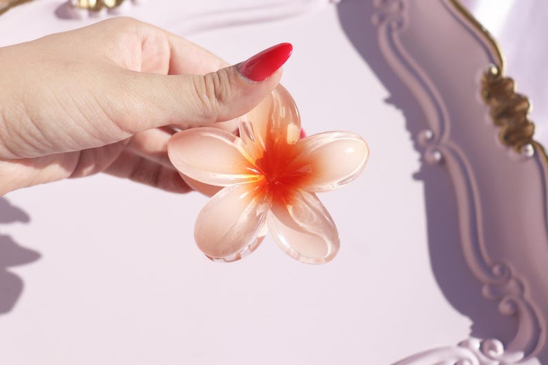 May include: A pink and orange plastic flower hair clip. The flower has five petals and a center with a red and orange gradient.